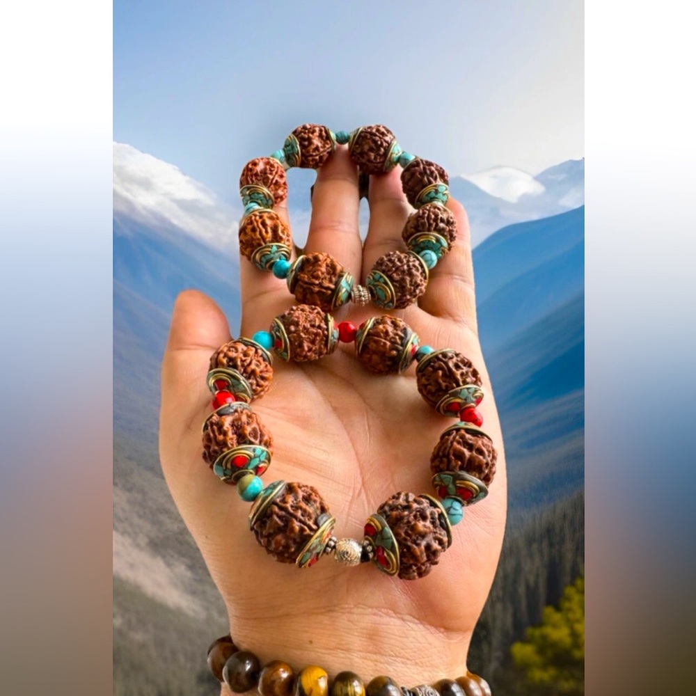 Vintage 2 Rudraksha Beads Yoga Bracelets Capped With Inlay Turquoise & Coral.